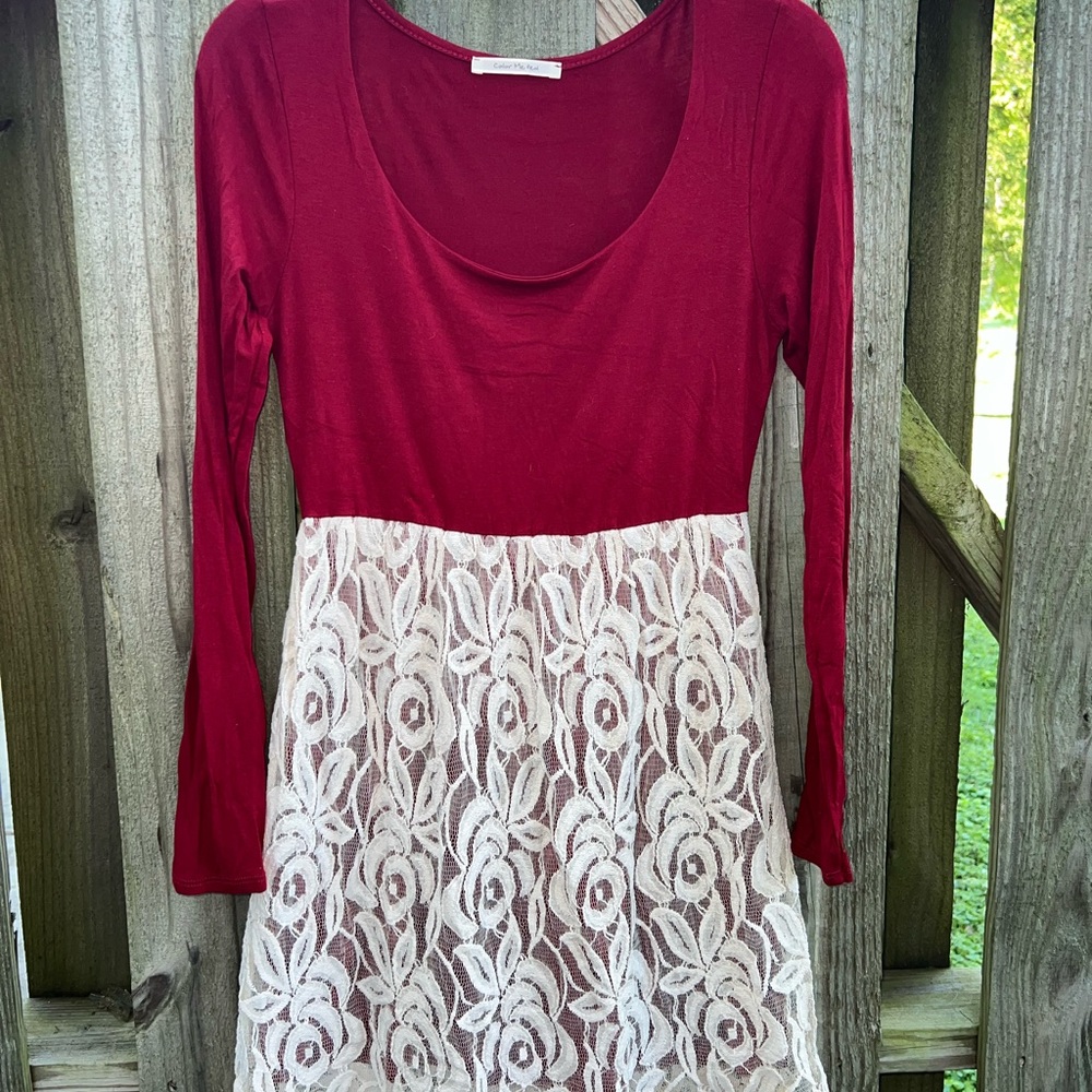 Color Me Red long sleeve white lace dress